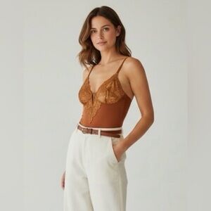 NEW Lace Bodysuit Lingerie Copper Brown Teddy Adjustable‎ Straps Sizw Large